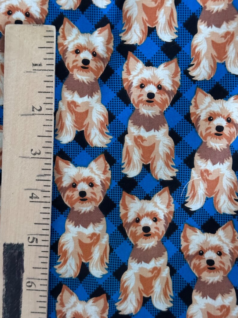 Yorkie Puppy Dog Fabric Cotton Blue Buffalo Check Background Four
