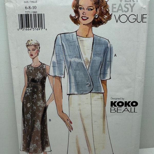 Very Easy Vogue 7271 Misses Shell Dress with Short Jacket by Koko Beall Sewing Pattern Sizes 6-8-10 UNCUT FF