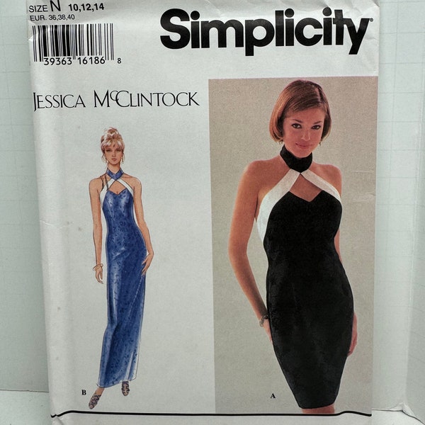 Simplicity 9262 Jessica McClintock Misses Halter Top Dress in Two Lengths Designer Sewing Pattern Gown Eveningwear Sizes 10-12-14 UNCUT FF