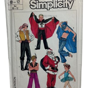 May include: Simplicity sewing pattern number 7651 for children's costumes. The pattern includes six different costumes: a vampire, a pirate, a genie, Santa Claus, a belly dancer, and a ballerina. The pattern is for sizes 10-12.