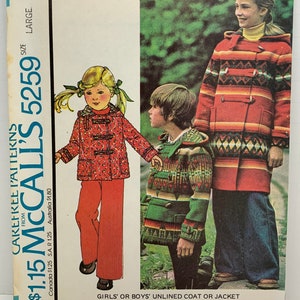 May include: A vintage McCall's sewing pattern for a child's unlined coat or jacket. The pattern is for sizes large and features a red, green, and white striped design. The pattern number is 5259 and the price is $1.15.