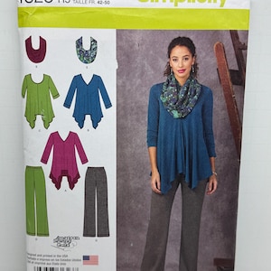May include: Simplicity sewing pattern number 1323, size US 14-22, Euro 40-48, French 42-50. The pattern includes instructions for making a top with a scarf and pants. The top has a V-neck and a high-low hemline. The pants are straight-legged and have a wide leg opening. The pattern is printed on white paper with a green, blue, and gray color scheme.