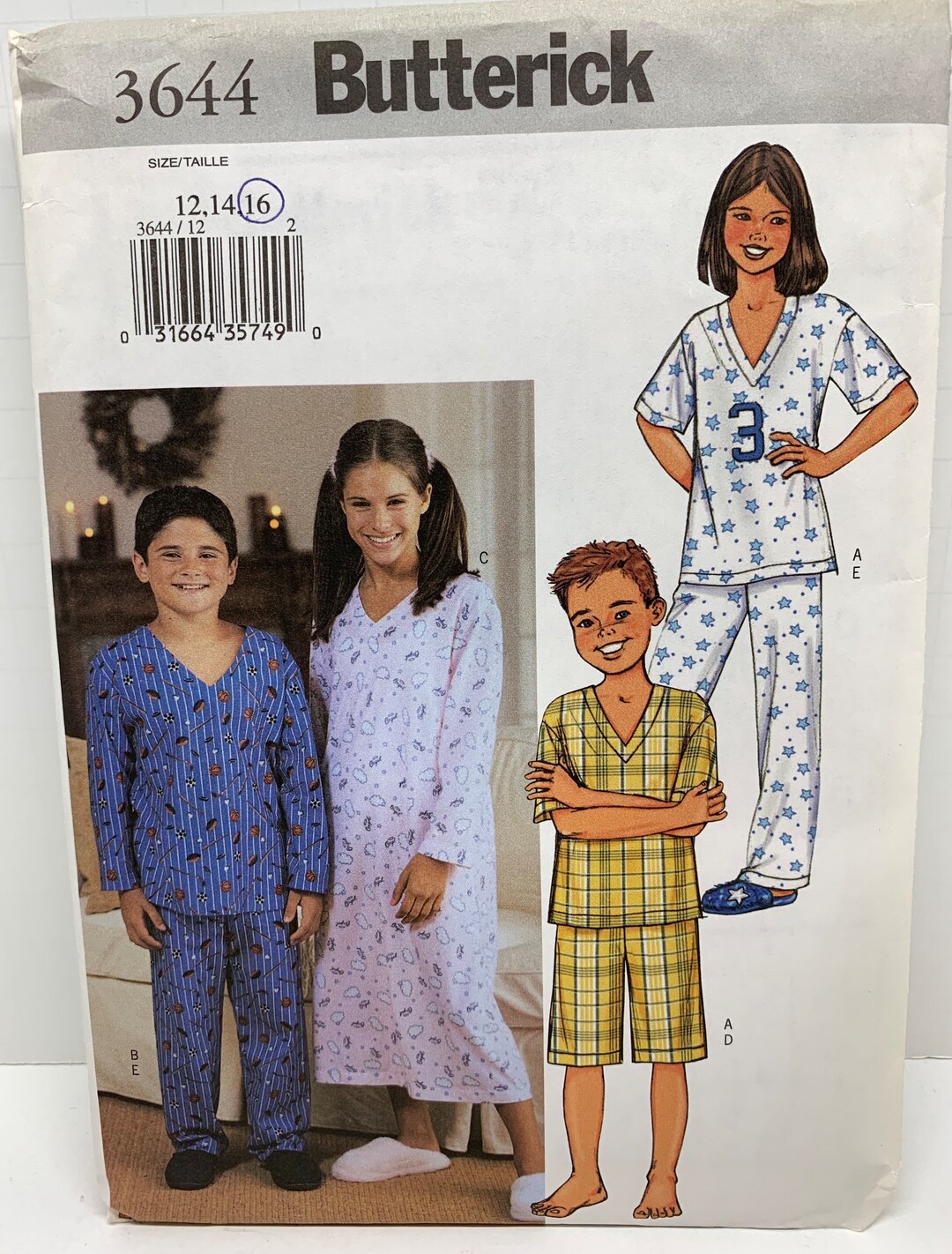 Easy to Sew Butterick 3644 Sewing Pattern Boys or Girl’s Unisex Pajamas ...
