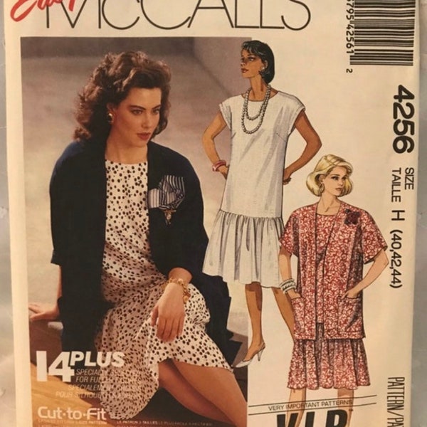 Easy to Sew McCalls 4256 Misses Dropped Waist Dress and Matching Jacket Sewing Pattern Plus Sizes 40 42 44 Vintage 1980s UNCUT FF