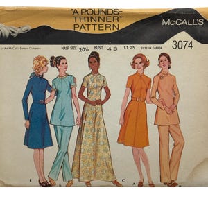 May include: Vintage McCall's sewing pattern envelope featuring illustrations of five women in 1970s-style outfits. The envelope is tan with text that reads "A Pounds-Thinner Pattern" and "McCall's 3074".