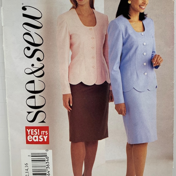 Easy to Sew Women’s Suit Sewing Pattern Button Front Jacket Scalloped Hem Straight Skirt Butterick See & Sew 3821 Sizes 12-14-16 UNCUT FF