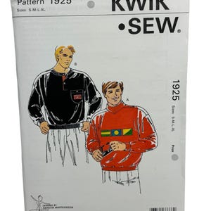 May include: Sewing pattern for two men's sweaters. The pattern is from Kwik-Sew Pattern Co. Inc. and is number 1925. One sweater is black with a pocket and the other is red with a multi-colored design.