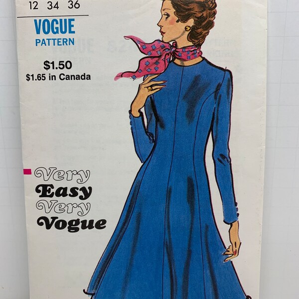 Vintage 70s Vogue 8243 Fit and Flare Dress with Princess Seams Very Easy Vogue Sewing Pattern Jewel Neckline Size 12 Bust 34 UNCUT FF