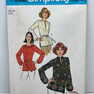 Vintage 70s Simplicity 7892 Misses Pullover Tunic Tops Blouses Sewing Pattern Loose Fit, Side Slits & Belt Option Size 14 Bust 36  UNCUT