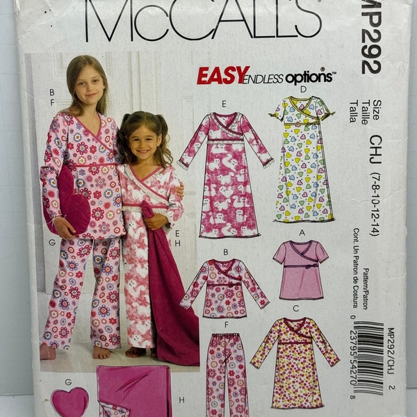 McCall’s P292 292 5744 Girl’s Nightgown Pajama Pants Tops Pajamas Pjs Pillow and Blanket Sewing Pattern Sizes 7-8-10-12-14 UNCUT FF