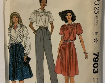 Vintage 80s McCall’s 7903 Blouse Top Tie High Waisted Pants and Skirt Sewing Pattern Misses Size 10 Bust 32.5” UNCUT FF
