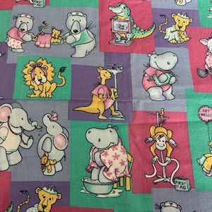 Vintage 1980s Cotton Children’s Fabric Novelty “Flu at the Zoo” Animal Doctor Giraffe Hippo Lion Alligator 1.69 Yards