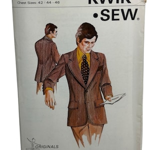 May include: A vintage Kwik Sew pattern envelope featuring a drawing of a man in a brown herringbone suit with a yellow shirt and polka dot tie. The pattern is for chest sizes 42-44-46. The text "KWIK SEW" is prominently displayed.