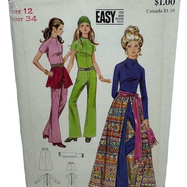 Butterick 5751 Misses Knit Jumpsuit Skirt in Two Lengths and Sash Sewing Pattern Pantskirt Pantsuit Vintage 70s Size 12 Bust 34 UNCUT FF