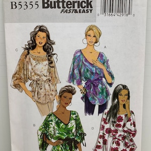 Butterick 5355 Misses EASY Pullover Blouses Tops Sewing Pattern Loose Fit Round or V-Neck Sizes XS-S-M 4-14 UNCUT