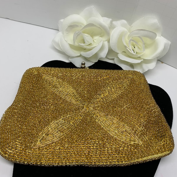 Vintage 60s Hand Beaded Purse Hand Bag Use as Clutch or with Small Chain Handle Japan Use for Wedding or Prom