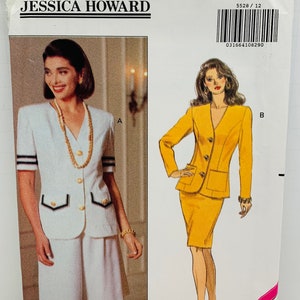 May include: Butterick sewing pattern 5528 by Jessica Howard. The pattern features illustrations of two women's suits: a white shorts suit with navy trim and a yellow skirt suit. The pattern size is 12-14-16.