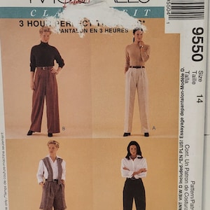 May include: McCall's sewing pattern for a pair of trousers. The pattern is size 14 and includes instructions for making the trousers in three hours. The pattern is shown on three different models wearing the trousers in different colours and styles.
