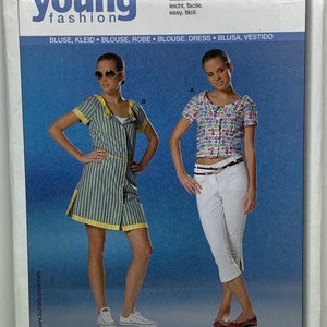 May include: A sewing pattern for a blouse or dress with a striped design and a solid color design. The pattern is from Burda Young Fashion and includes sizes 32-44 and 6-18. The pattern is labeled "leicht, facile, easy, fácil."