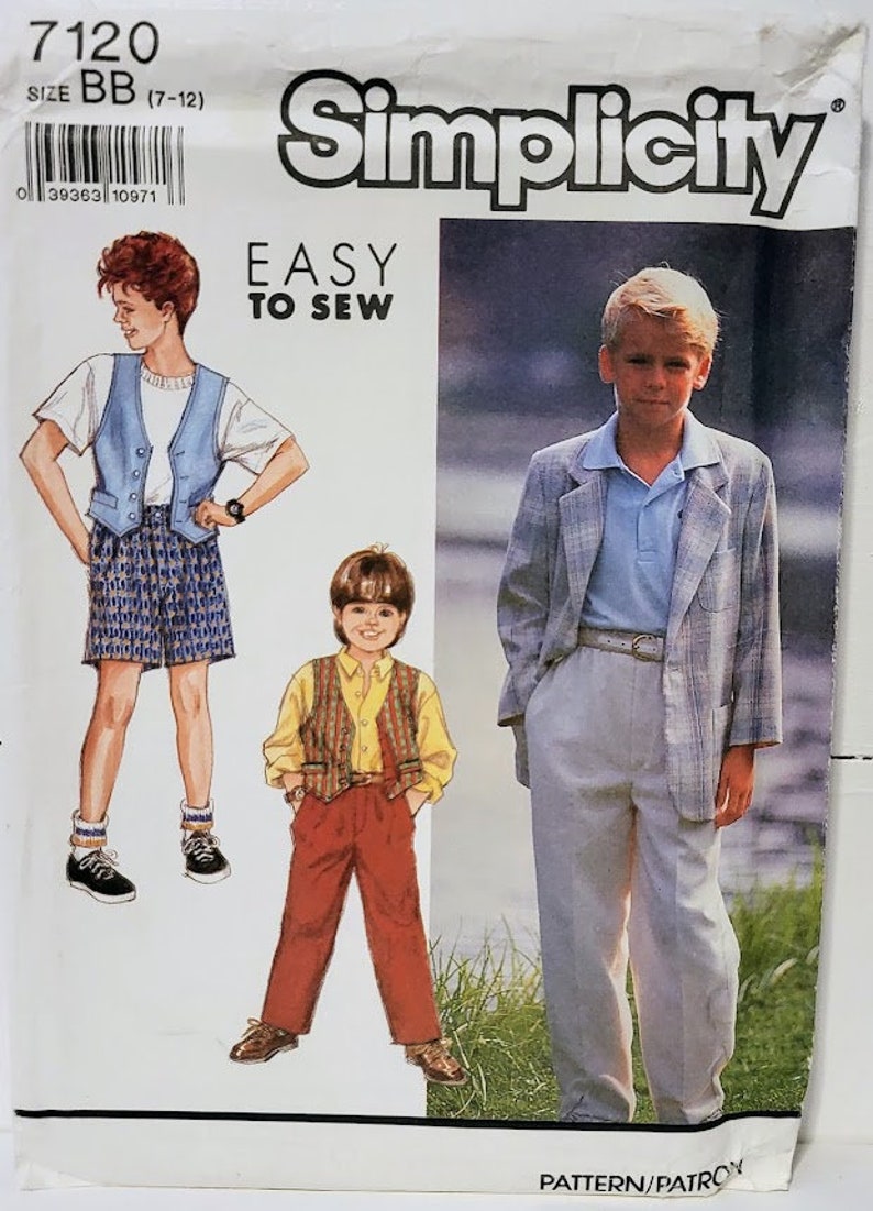 Simplicity 7120 Easy to Sew Boys Pants or Shorts, Vest and Unlined Jacket Sewing Pattern Sizes 7-8-10-12 UNCUT FF image 1