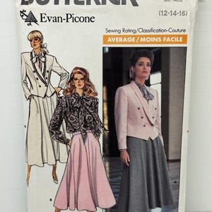 May include: A vintage sewing pattern for a skirt and jacket. The pattern is for sizes 12-14-16 and is by Butterick for Evan-Picone. The pattern is labeled "Average/Moins Facile" for sewing difficulty.