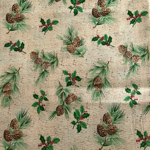 Christmas Spirit Lodge  Cotton Fabric Pine Branches and Cones Holly and Berries Springs Industries Vintage 1990s 1.44 yards