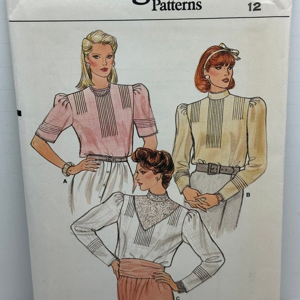 Vintage Vogue 9048 Misses Pin Tuck Blouse Sewing Pattern Short or Long Sleeves Lace Back Button Size 12 Bust 34  UNCUT FF