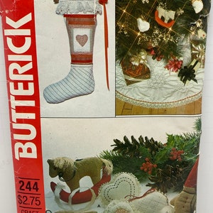 Butterick 244 Christmas Craft Sewing Pattern Stocking Tree Skirt Puffy Ornaments Santa Elf Horse Hearts Pig Primitive Ornaments UNCUT