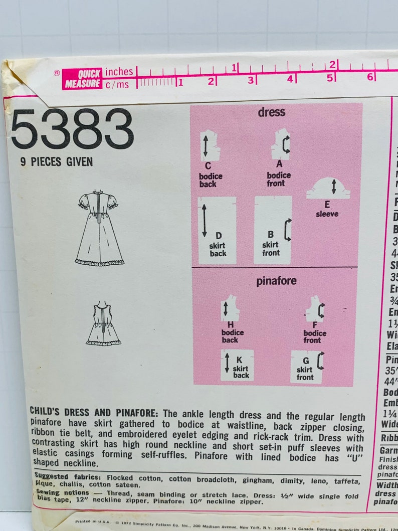 Girls Cottagecore Ruffled Dress and Pinafore Sewing Patterns Vintage 1970s Apron Dress Simplicity 5383 or 5534 Size 5 UNCUT FF image 3