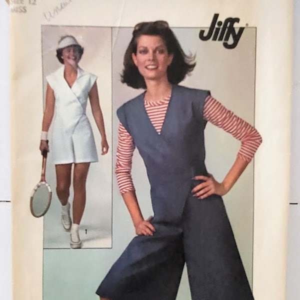 Vintage 1970s JIFFY Tennis Outfit and Front Wrap Pantdress in Two Lengths Simplicity  7958 Sewing Pattern Culottes Size 12 Bust 34 UNCUT FF