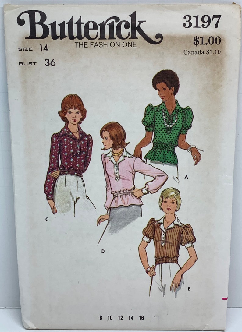 Misses Blouses Tops with Elastic Waist Collar and Sleeve Variations Sewing Pattern Butterick 3197 Vintage 1970s Size 14 Bust 36 UNCUT image 2
