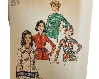 Vintage 1970s Simplicity 6466 Misses Front Zip Blouse Tops With Stand Up or Pointed Collars Sewing Pattern Size 14 Bust 36 UNCUT FF