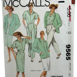May include: A vintage McCall's sewing pattern envelope featuring illustrations of women's suits and dresses. The designs include blazers, skirts, and striped shirts in shades of green and white. The envelope includes the text "McCall's" and the pattern number 9565.