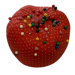 Vintage 1970s Cloth Tomato Apple Pincushion with Quilting Pins 3” Tall x 4” Wide