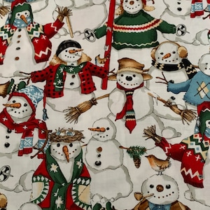 Alexander Henry Phillip de Leon Snowfriends Tecido de algodão natalino QSQ Boneco de neve Bonecos de neve Vintage 1996 BTY