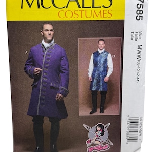 Puede incluir: Patrón de disfraces McCall's M7585. El paquete presenta ilustraciones de diseños de disfraces históricos, incluyendo un abrigo morado con adornos dorados y un chaleco azul. El rango de tallas es MWW (38-40-42-44).