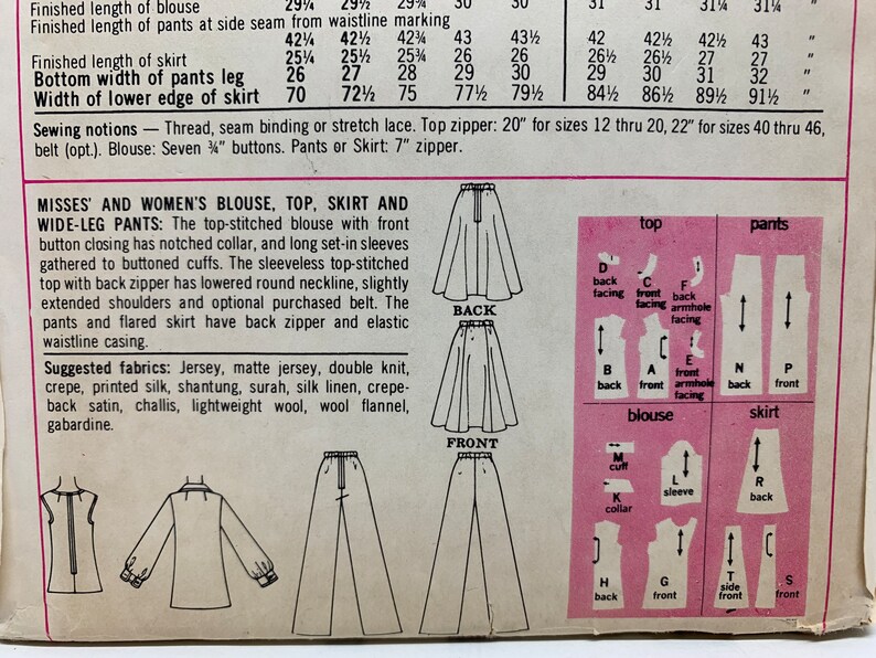 VTG 70s Tops, Wide Leg Pants & Flared Skirt Sewing Pattern Simplicity 6854 Pullover Shell and Button Front with Collar Sizes 18 20 UNCUT image 2