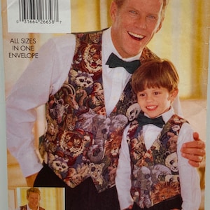 May include: A sewing pattern for a father and son vest set. The vests feature a colorful animal print with a variety of animals including tigers, elephants, and raccoons. The pattern is by Butterick and the pattern number is 5320.