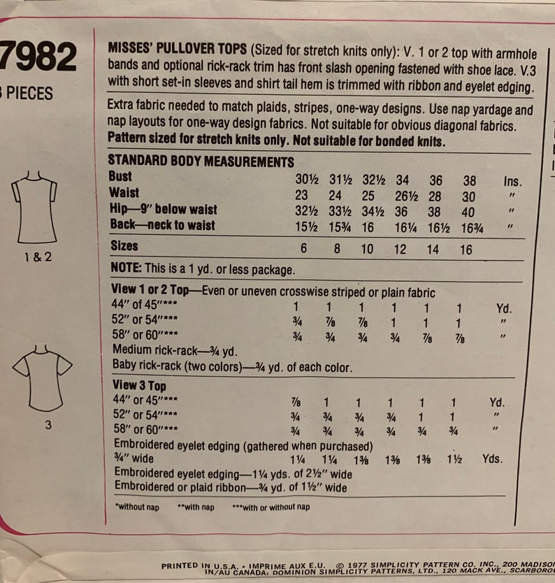 Vintage 1970s Simplicity 7982 Misses Knit Tops Fitted Shirts Sewing Pattern One Yard of Fabric Size 14 Bust 36 UNCUT FF image 4