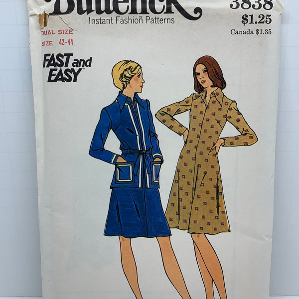 Vintage 70s Butterick 3838 Misses Flared Dress with Collar and Cardigan Jacket  with Front Ties Sewing Pattern Bust 46-48 Waist 35-37 UNCUT