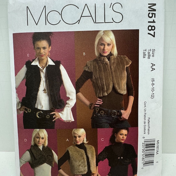 McCall’s 5187 Misses Faux Fur Vest Sewing Pattern Five Different Styles Bolero Sizes 6-8-10-12 UNCUT FF