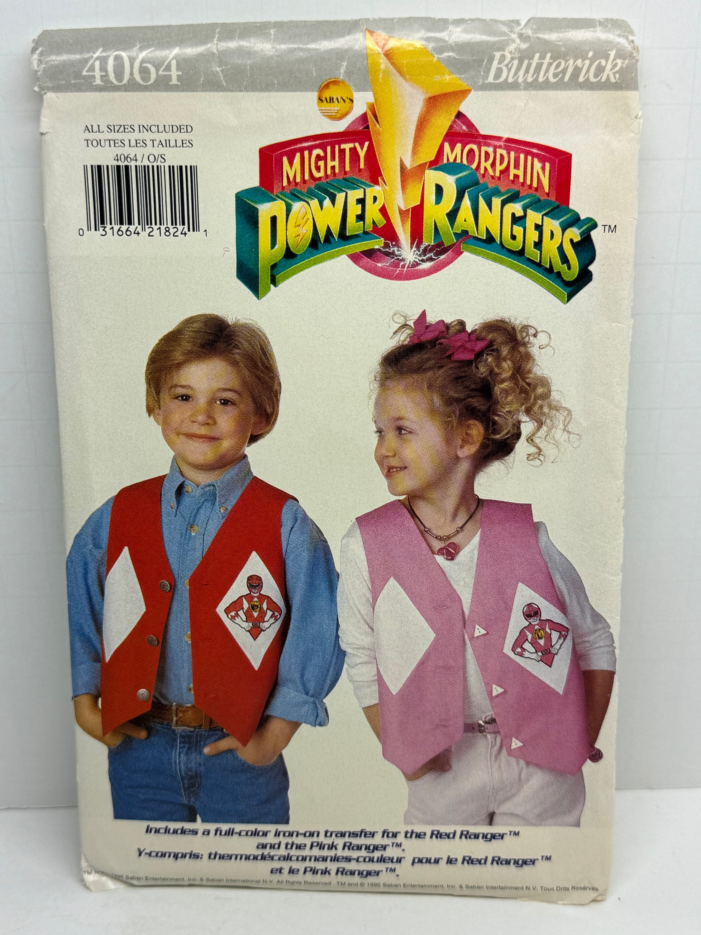 Butterick 4064 Power Rangers Costume Mighty Morphin Vest Jason Red Ranger Pink Ninja Ranger Sewing Pattern Superheros Sizes 4-14 UNCUT FF