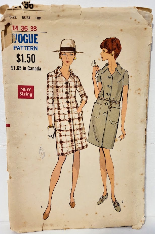 Vintage 1960s Vogue 7396 Misses Shirtdress Sewing Pattern Front Button Down with Collar and Patch Pockets Size 14 Bust 36 UNCUT FF