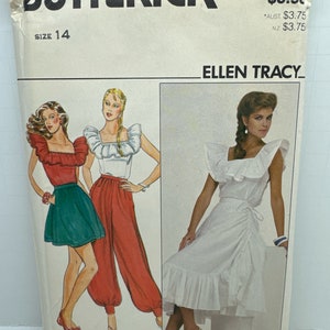 May include: A vintage sewing pattern for a women's skirt and top by Butterick, featuring a white top with ruffled sleeves and a white skirt with a ruffle trim. The pattern is size 14 and is designed by Ellen Tracy.