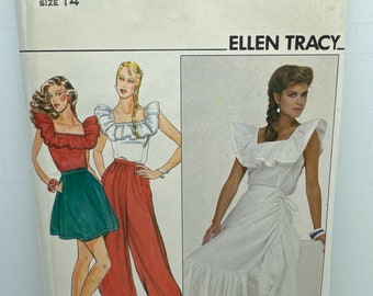 Vintage Butterick 4427 BOHO Tiered Skirt Top Shorts and Harem Pants Sewing Pattern Peasant Style Off Shoulder Ruffle Size 8 or 14