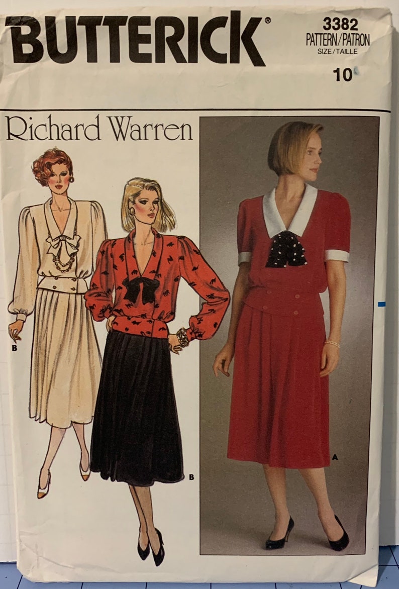 Vintage 80s Butterick 3382 Blouson Top and Skirt Sailor Collar Sewing Pattern 1980s Misses Sizes 10 UNCUT FF image 1