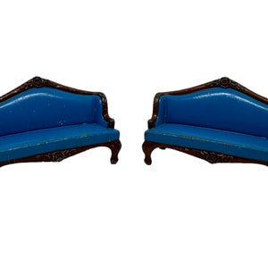 Vintage Mattel Dollhouse Sofa Set of Two Blue Metal Miniature Couches Sofas Metal 1980