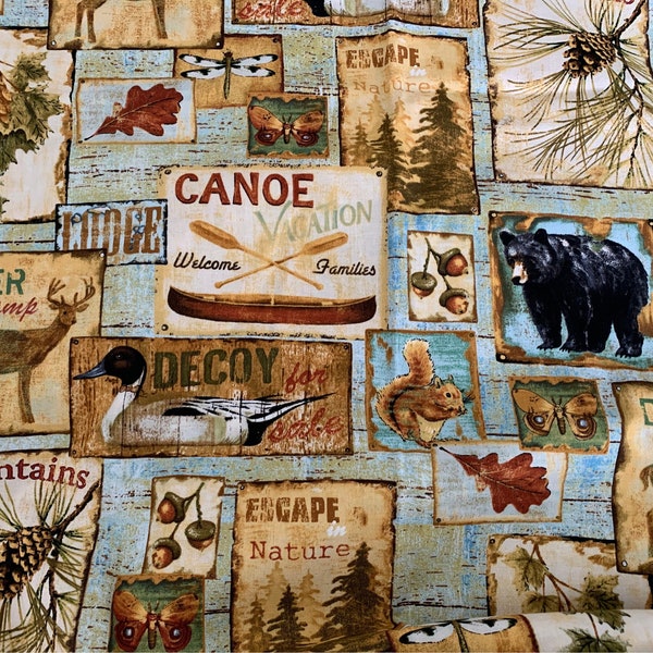 Vintage Outdoors Cotton Fabric Daphne B. Applejack Art Partners ADB-10207 Bear Ducks Deer Squirrels Canoe Pines  Acorns Neutral Cabin Decor