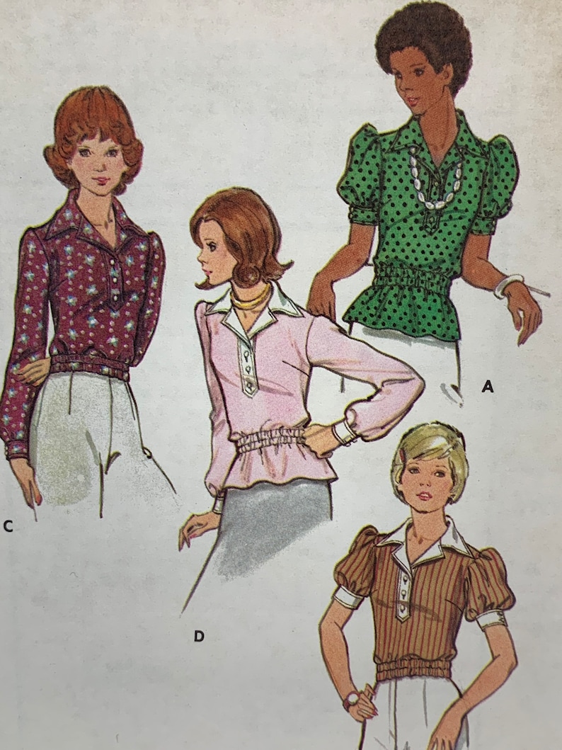 Misses Blouses Tops with Elastic Waist Collar and Sleeve Variations Sewing Pattern Butterick 3197 Vintage 1970s Size 14 Bust 36 UNCUT image 1