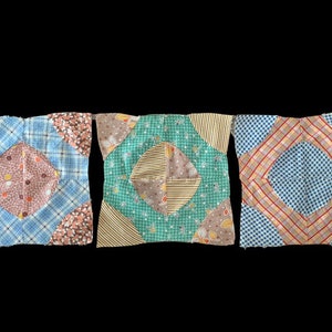Vintage 1940s Patchwork Quilt Blocks for Quilting Sewing or Crafting 9.5” Fully Hand Sewn Blue Green Brown Yellow Set of Three